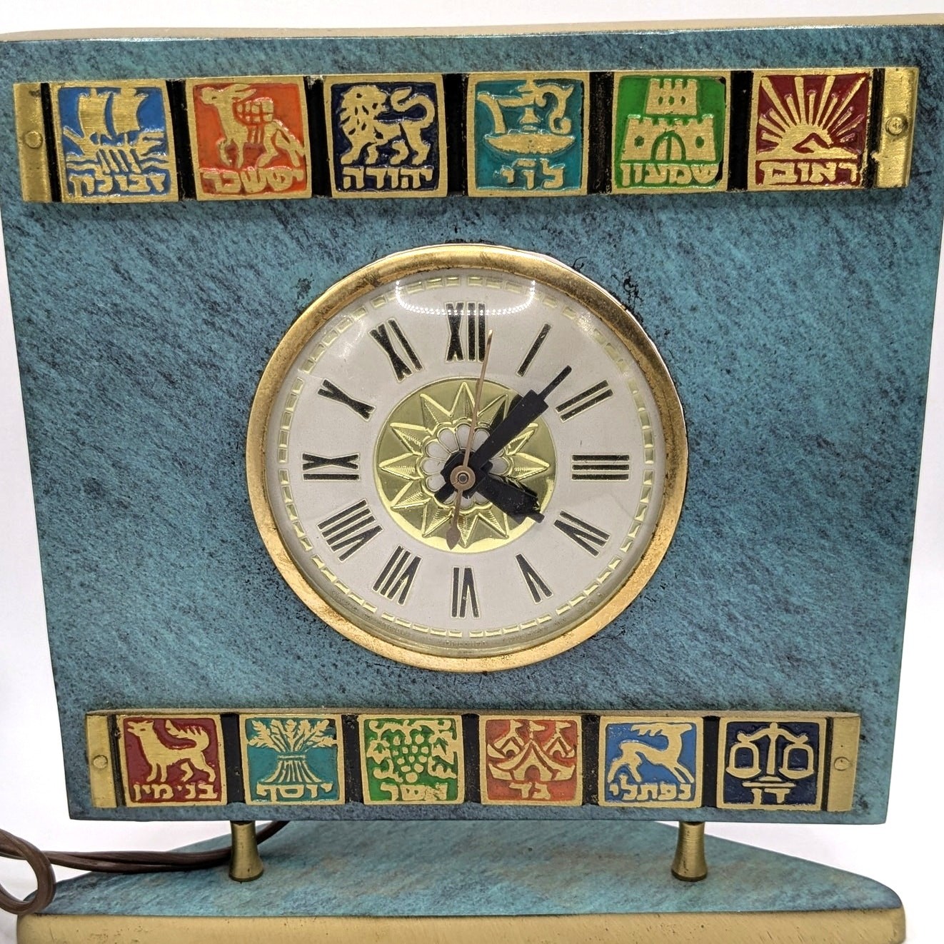 Vintage Blue and Brass Judaica Hebrew 12 Tribes Electric Mantle Clock Israel