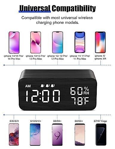 Wooden Digital Alarm Clock with Wireless Charging, Dimmable, Adjustable Grey