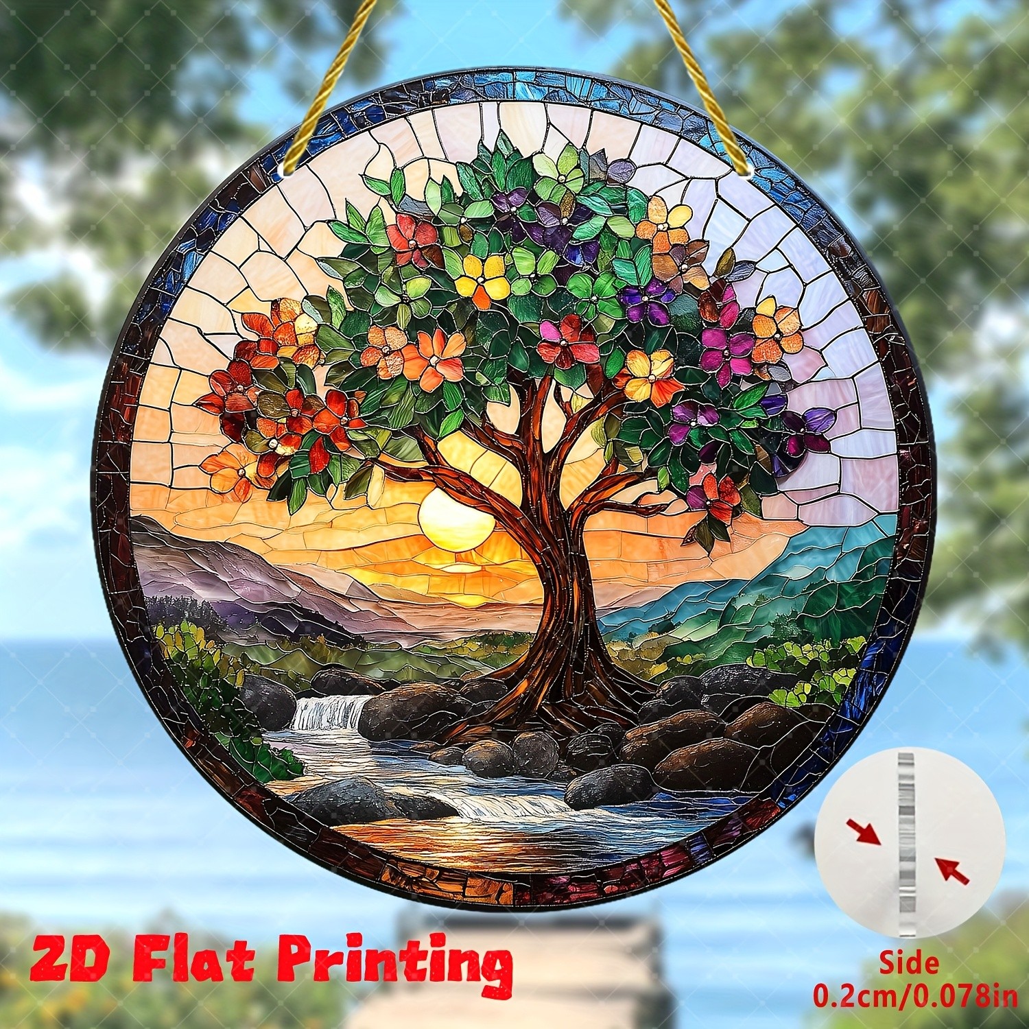 Tree of Life Landscape Round Acrylic Suncatcher Window Hanging Home Garden Decor