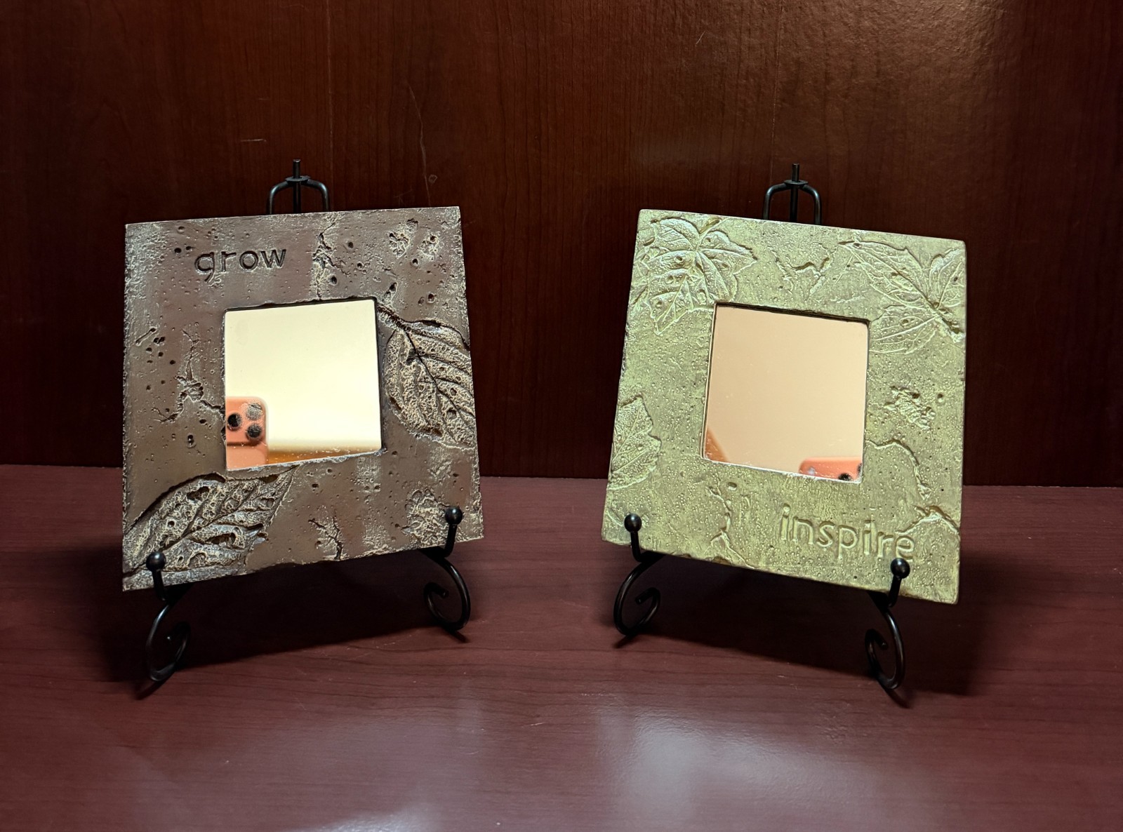 “Grow” and “Inspire” set of 6″ Stone-Textured Accent Mirrors