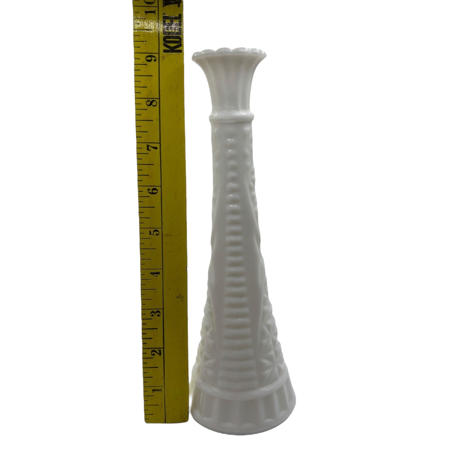 Vintage Milk Glass Bud Vase Geometric Pattern Textured Floral Rim 9 Inch