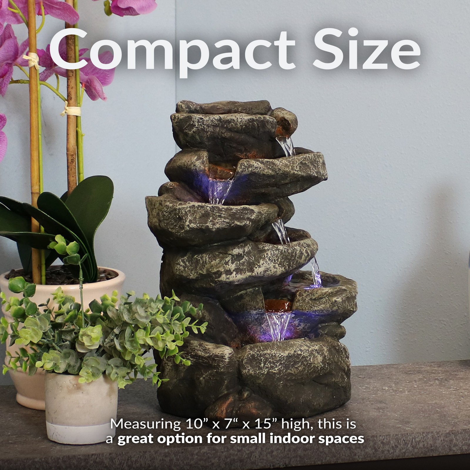 Stone Falls Polyresin 6-Tier Indoor Fountain with LED – 15 in by Sunnydaze