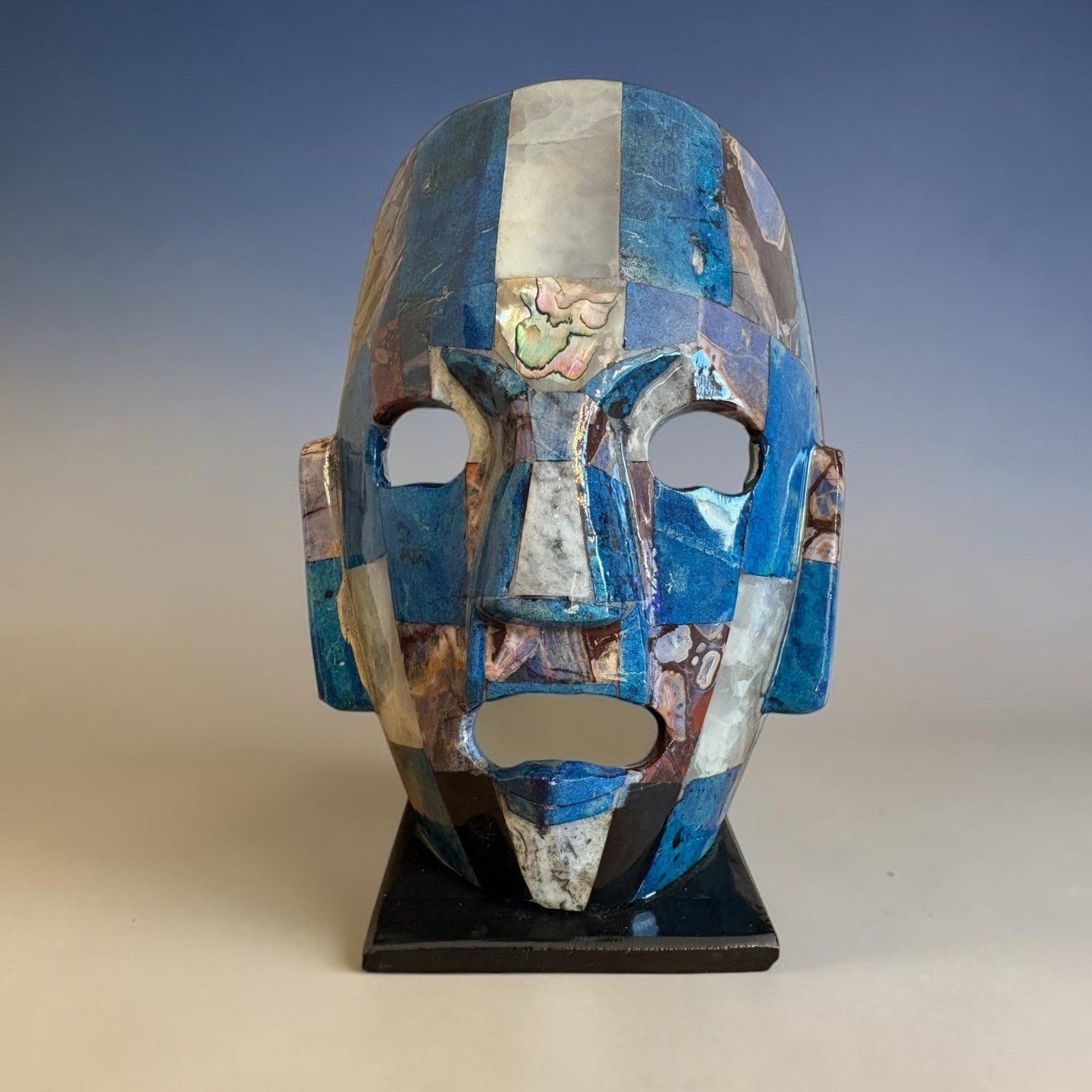 Vintage Mexican Stone Mosaic Mask Lapis Lazuli Abalone Aztec Mayan Folk Art 8in