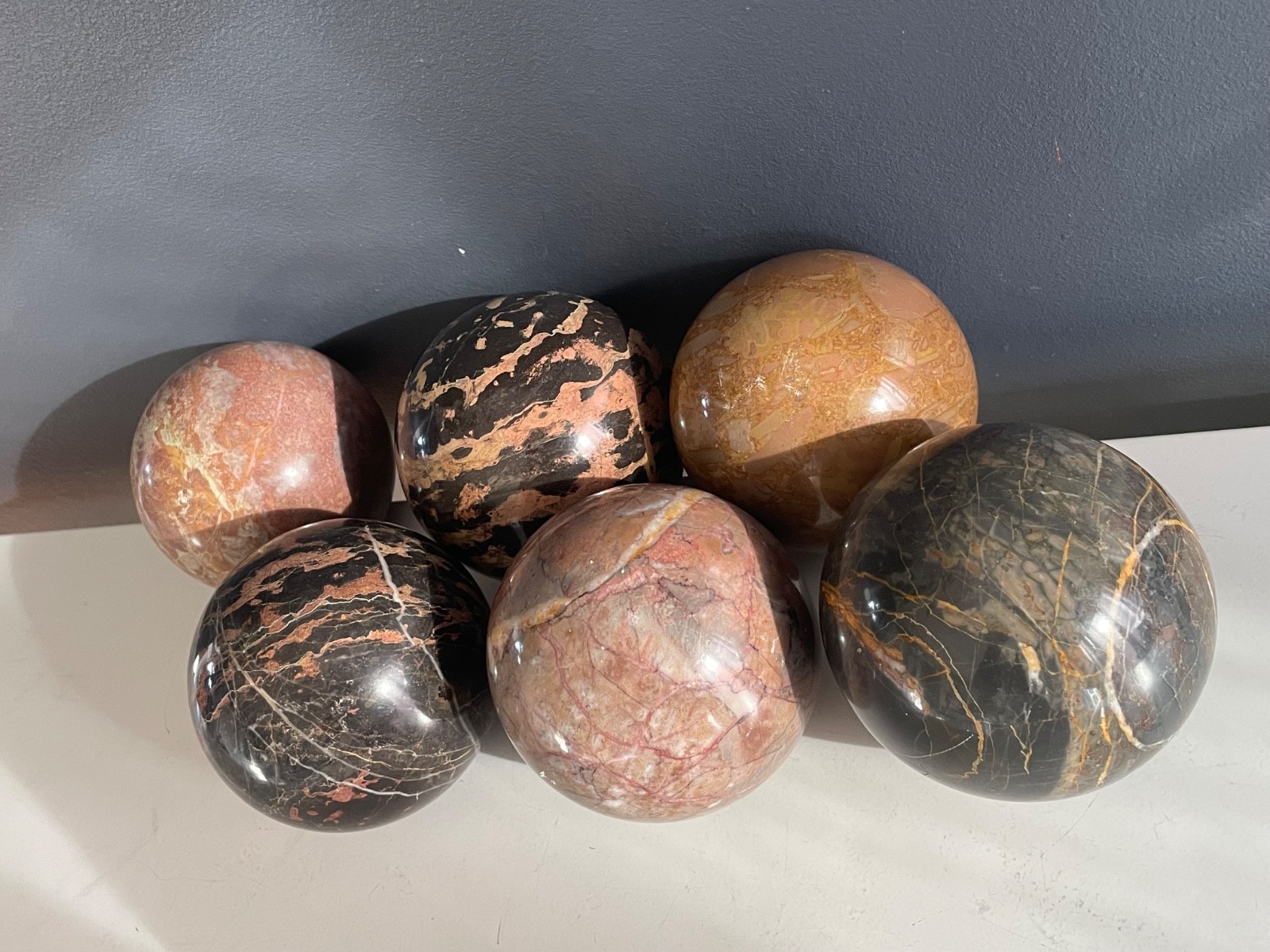 Set of 6 Polished Marble Stone Spheres 4” Decorative Orbs Natural Veined Art Dis
