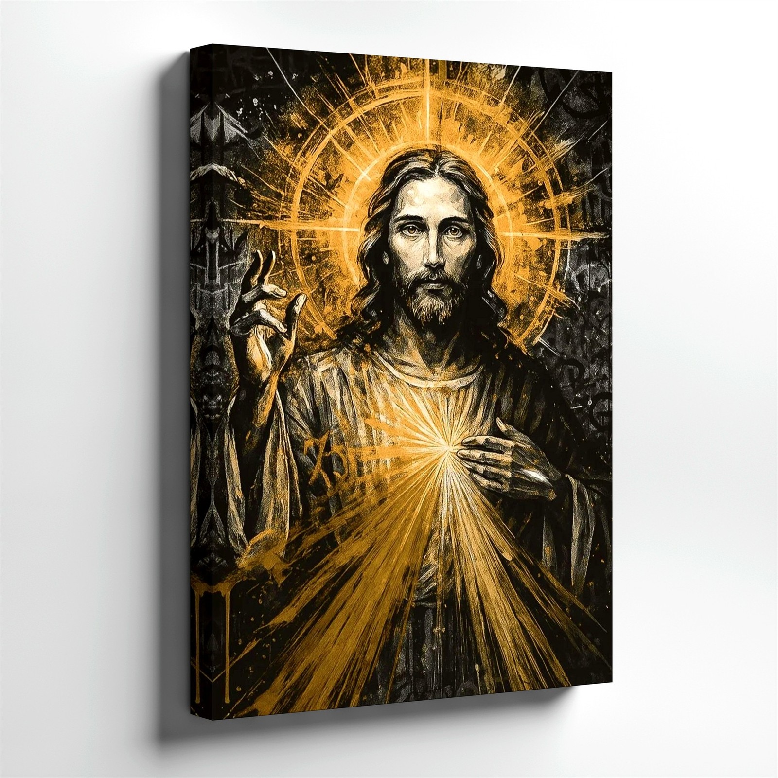 Wall Art Jesus Christ Sacred Heart Religious Canvas Print Gold Black Home Decor