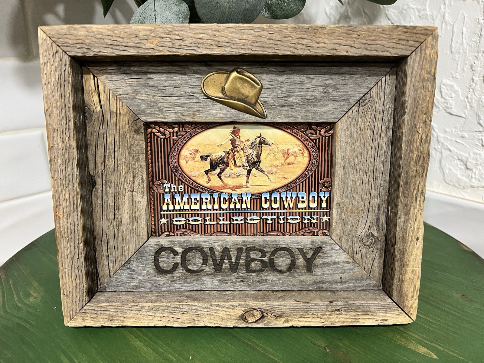 The American Cowboy Collection Rustic Wood Picture Frame Branded Word Brass Hat