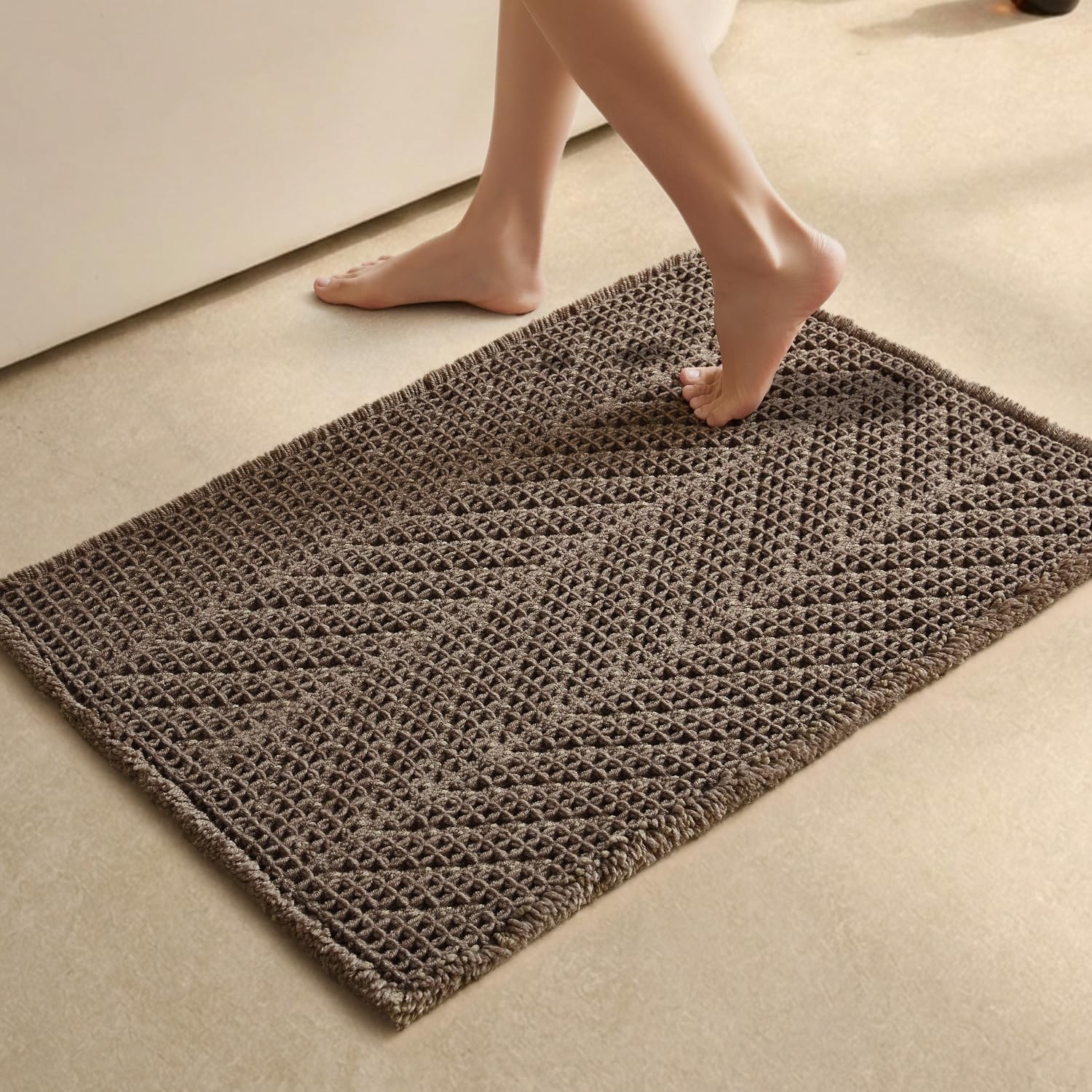 Boho Herringbone Waffle Bath Mat, Ultra Soft Non-Slip Bathroom Rug – Super
