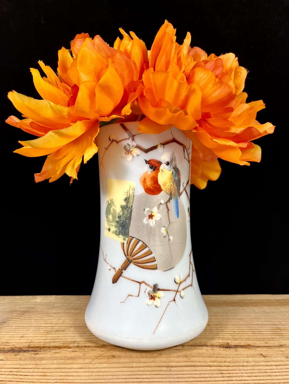 Asian Handpainted Vase Bird Cherry Blossoms Blue White Opaque Glass 1930s