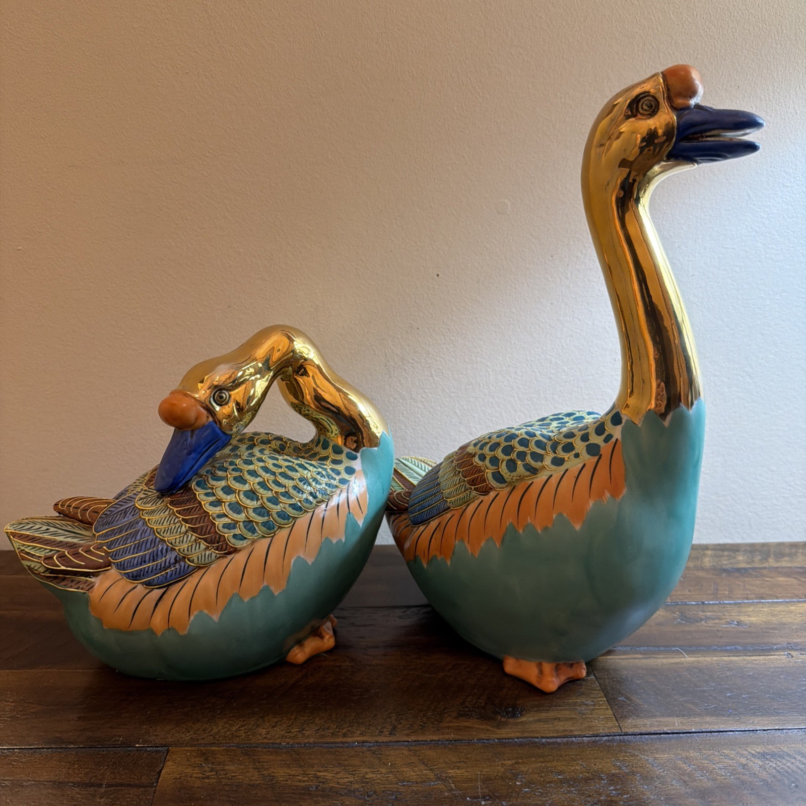 2 Vintage Geese Hand Painted Enamel Gold Luster Asian Japanese Decor Colorful