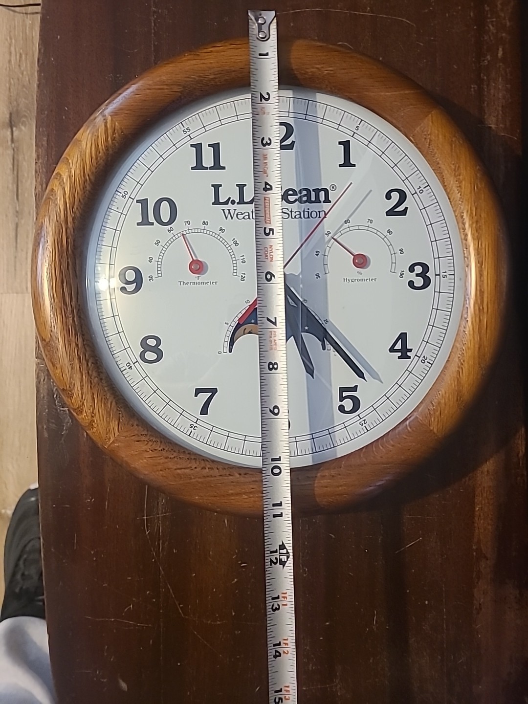 L.L. Bean Weather Station Wall Clock 11.5” Oak Frame Moon Thermometer Hygrometer