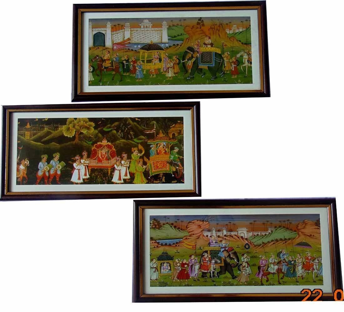 Rajasthani King Queen Procession Print Set 3 Framed Indian Wall Art Decor