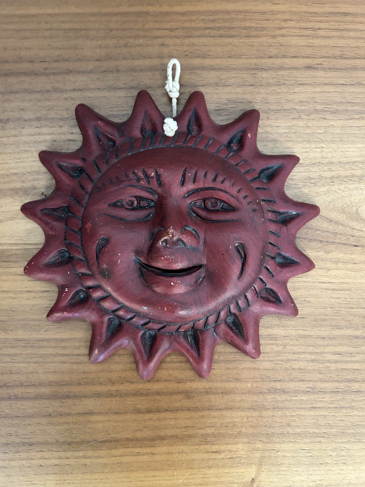 Vintage Terra Cotta 8” Sun Face 3D Art Pottery Hanging Wall Art Indoor/Outdoor