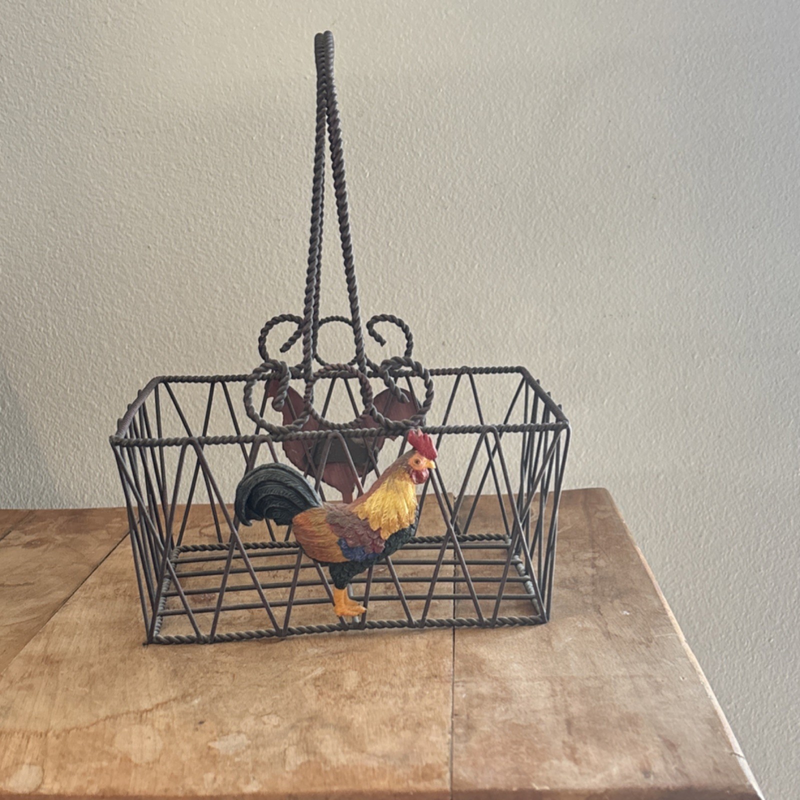 Metal Rectangular Basket with Rooster Décor, Brown Multicolor Indoor