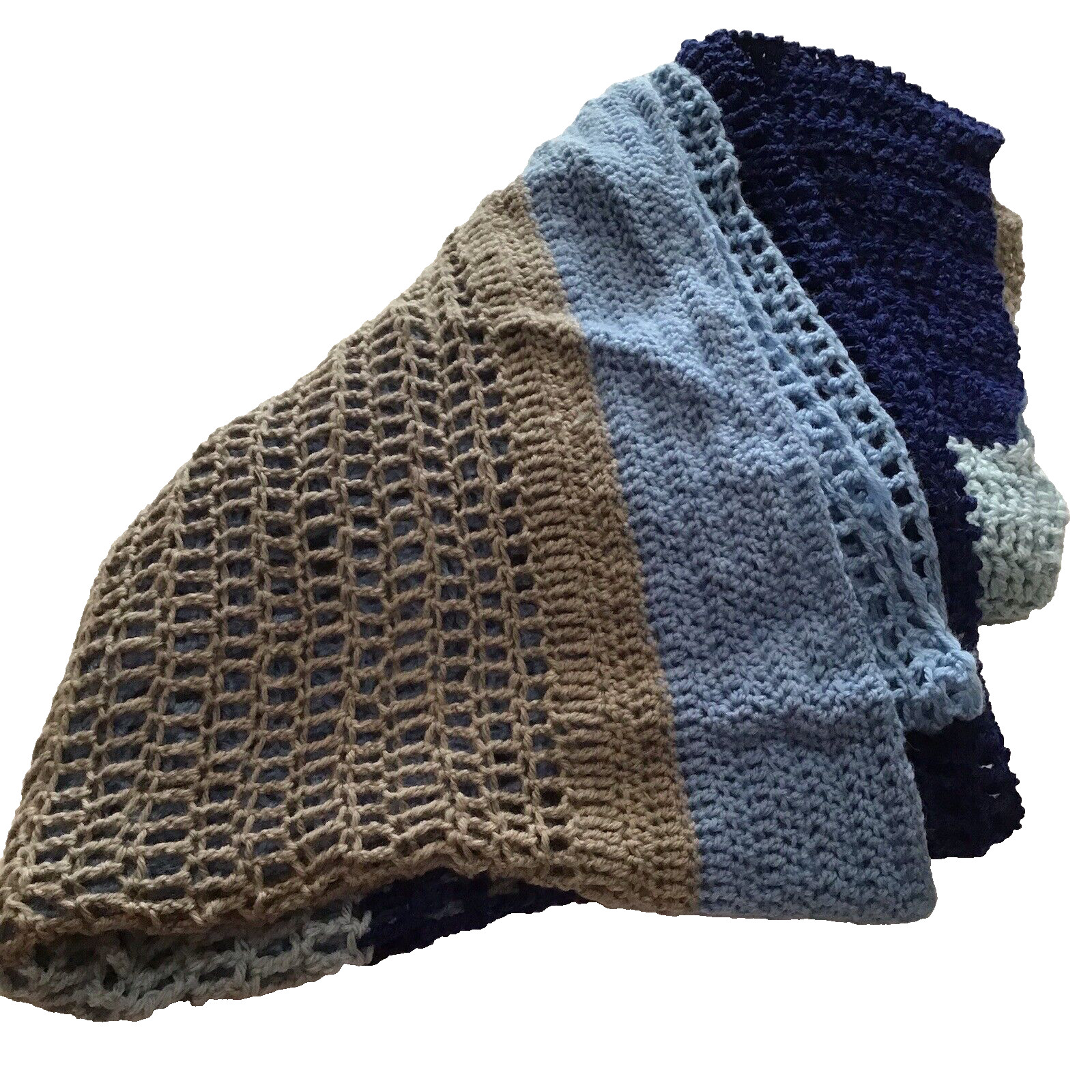 Throw Blanket Handmade Crochet 100% Wool Brown Blue Colorblock Striped Folk Art