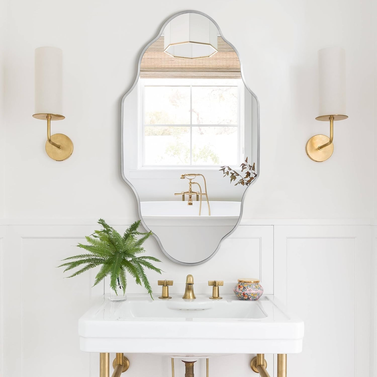 Silver Scalloped Bathroom Mirror, Irregular Wall Mirror with Brushed Metal Frame