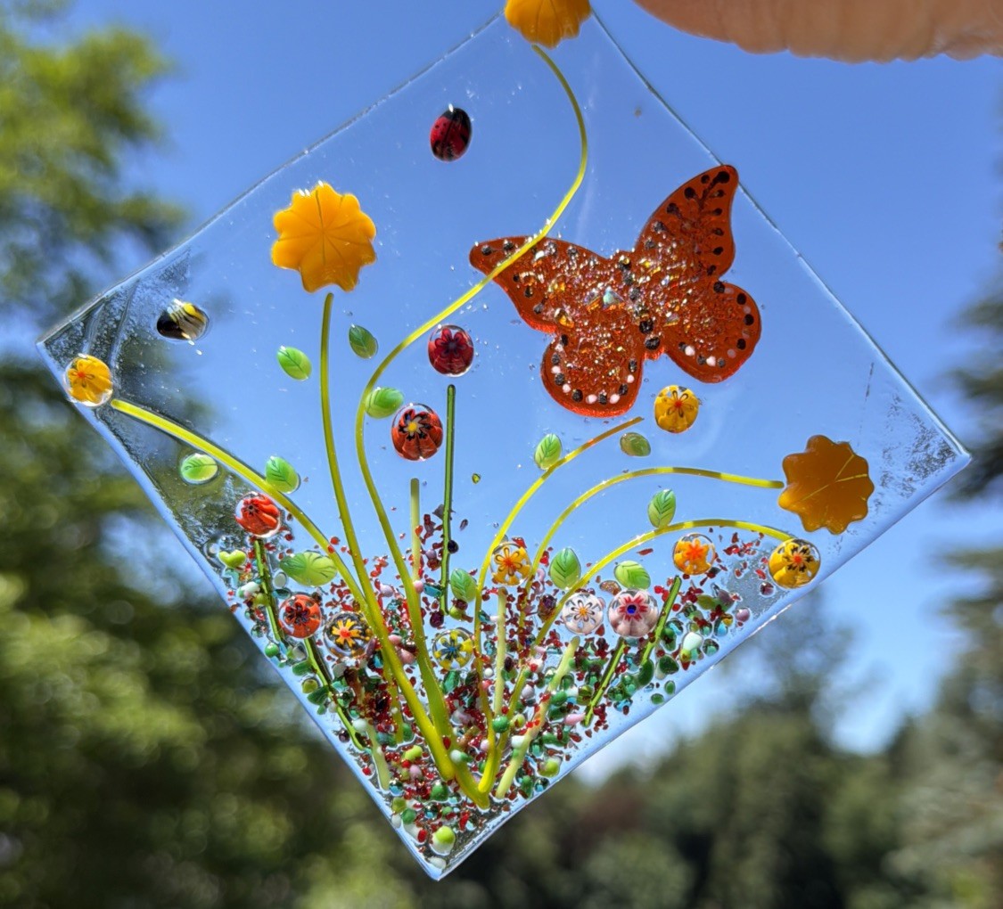 Fused Glass Handmade Diamond Shaped Multicolored Sun Catcher Signed By Artist