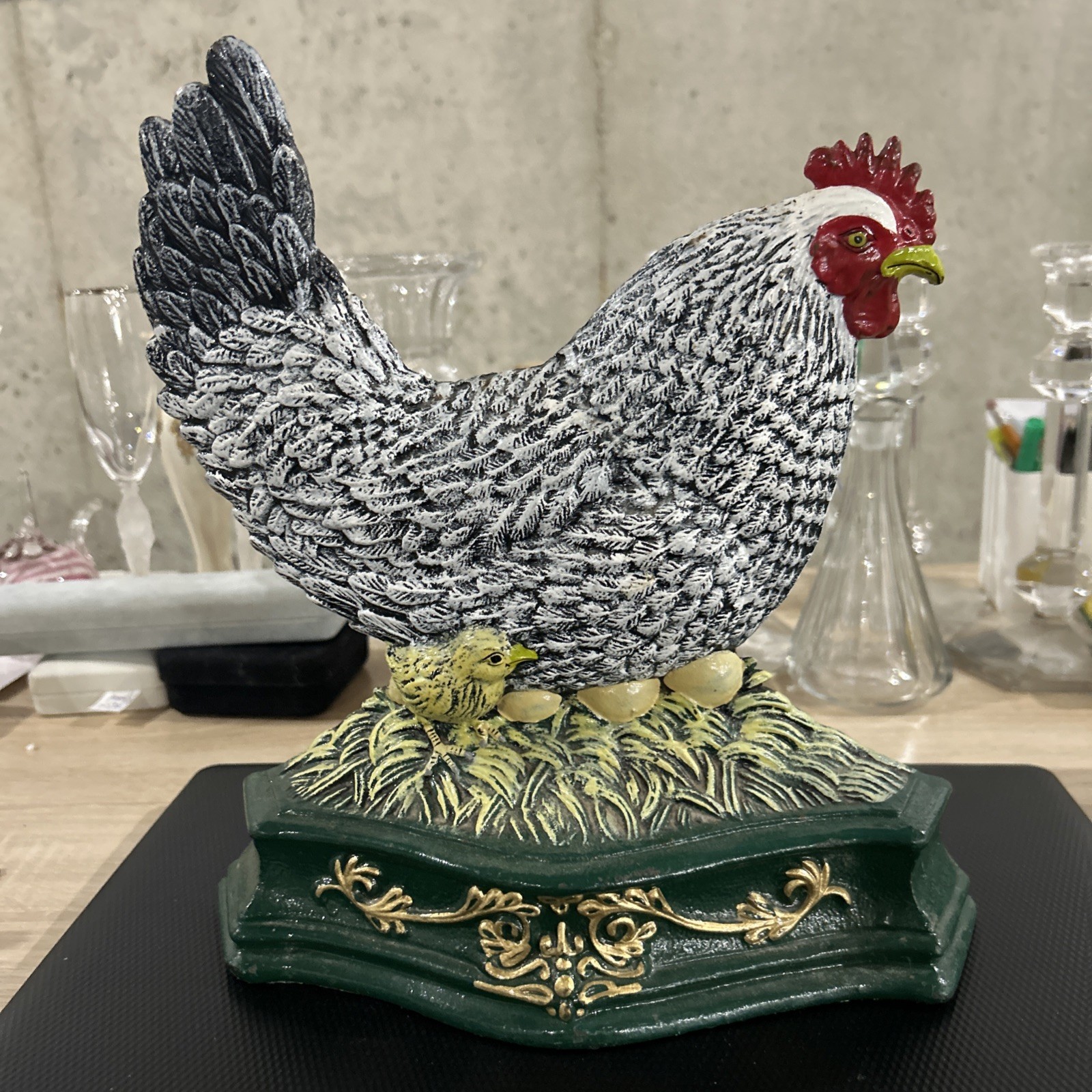 Cast Iron Rooster Hen Painted Chickens Door Stop 10” Wide, Excellent Paint