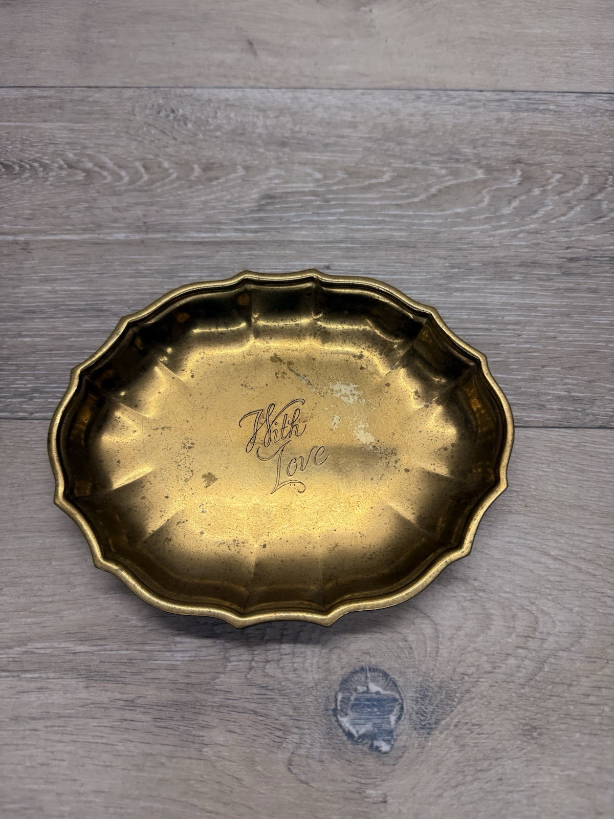 Vintage MCM Plated Brass Trinket Dish Tray Scalloped “With Love”