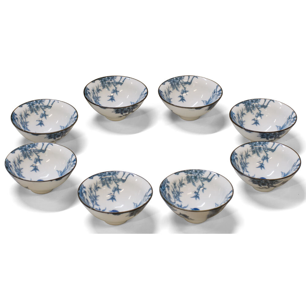 US Seller – Blue & White Bird and Flower Motif Chinese Porcelain Tea Cups