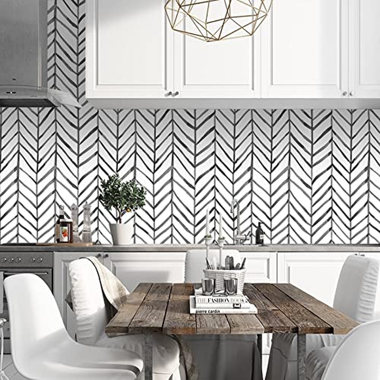 HAOKHOME Black and White Wallpaper Peel and Stick Stripe Herringbone Geometri…