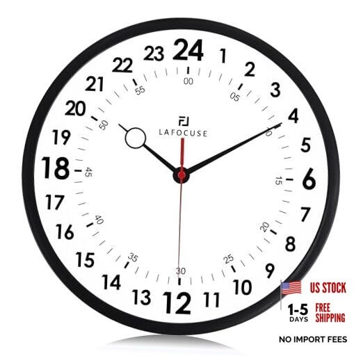 12 Inch Silent Black 24 Hour Wall Clocks Battery Operated, Analog Military