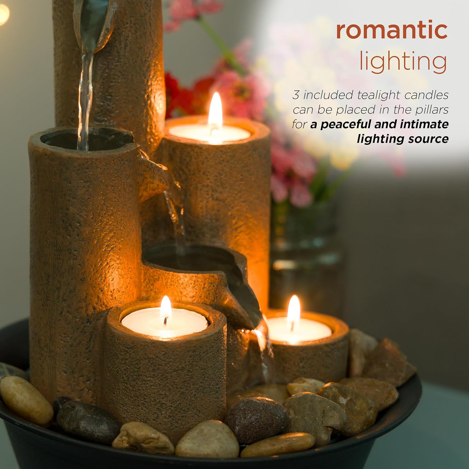 WCT202 Indoor Tabletop Tiered Water Fountain Featuring 3 Candles for Desktop and