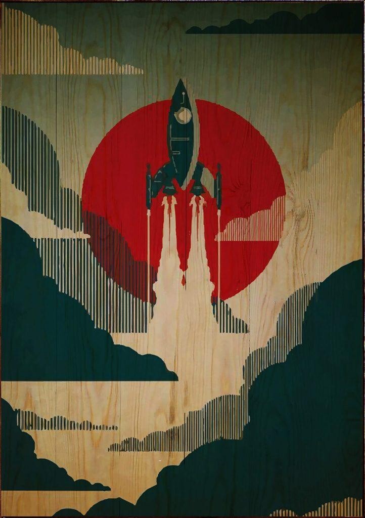 Soviet Rocket : Retro Art Deco on Wood : Archival Quality Art Print