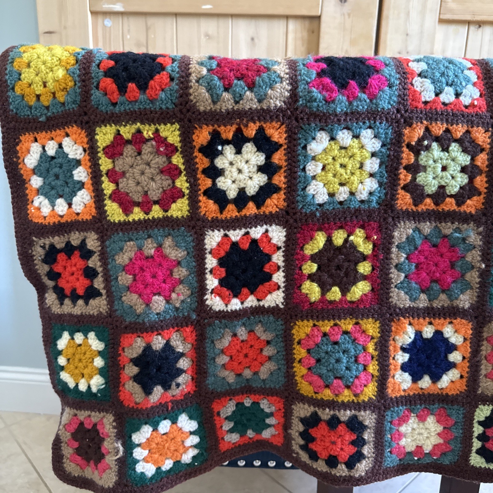 Vtg Handmade Black Granny Square Crochet Afghan Blanket Lap Throw 36 x 62 inches
