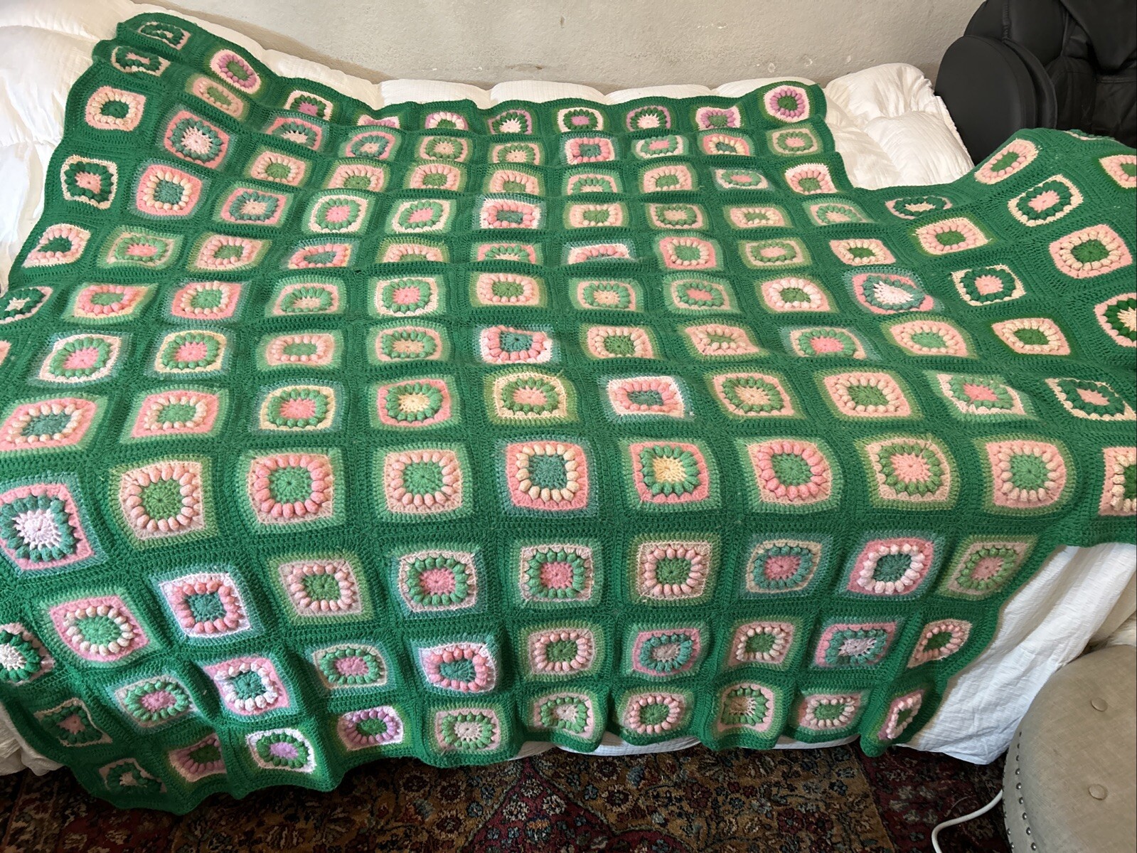 Vtg Granny Square Green Pink Colorful Afghan Crochet Throw Blanket Cover 72 x75”