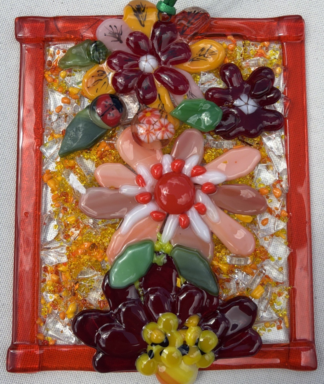 Fused Glass Handmade Flowered Rectangular Multicolor Sun Catcher Signed