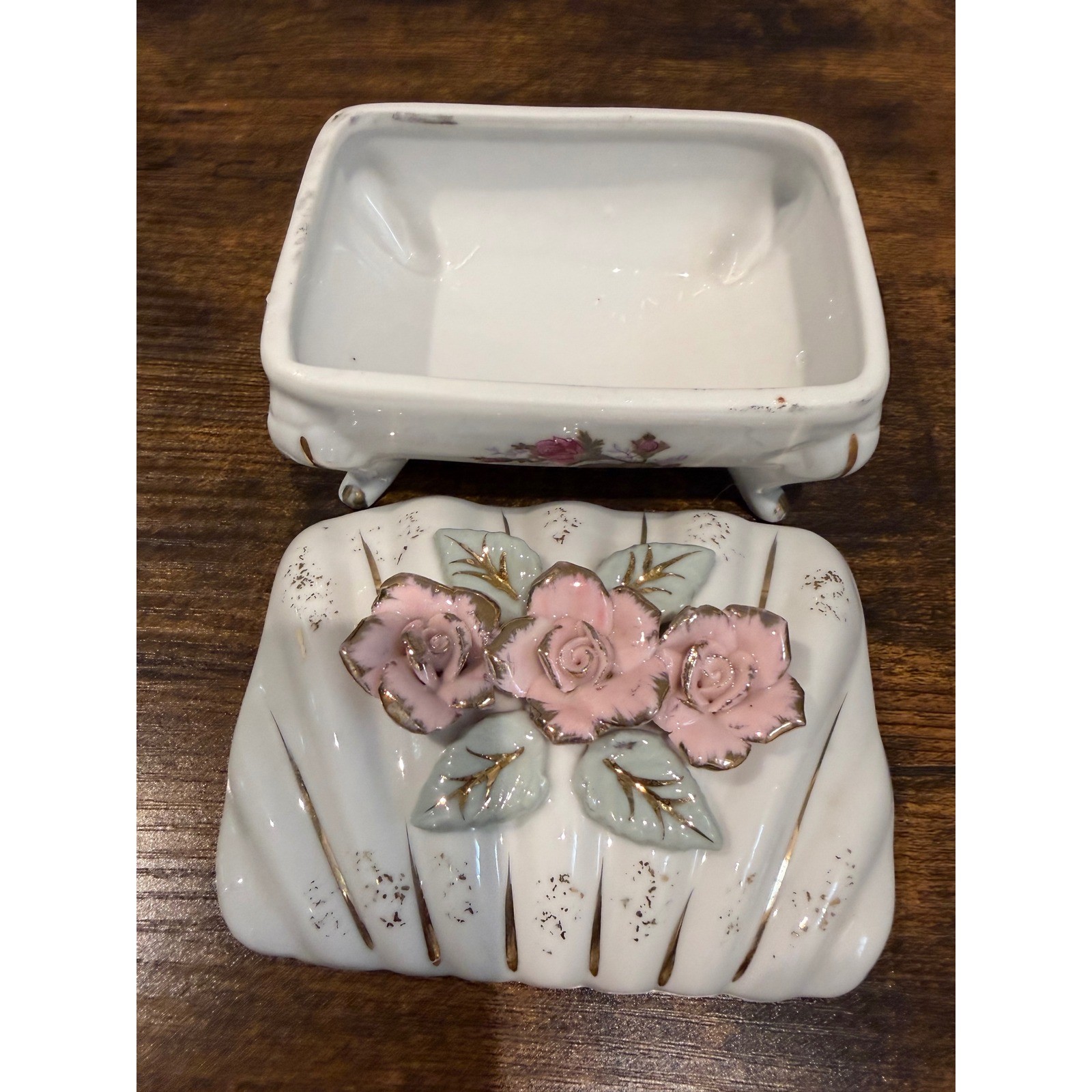 Vintage Tilso Japan Porcelain Trinket Box Pink Roses Gold Trim Footed Floral