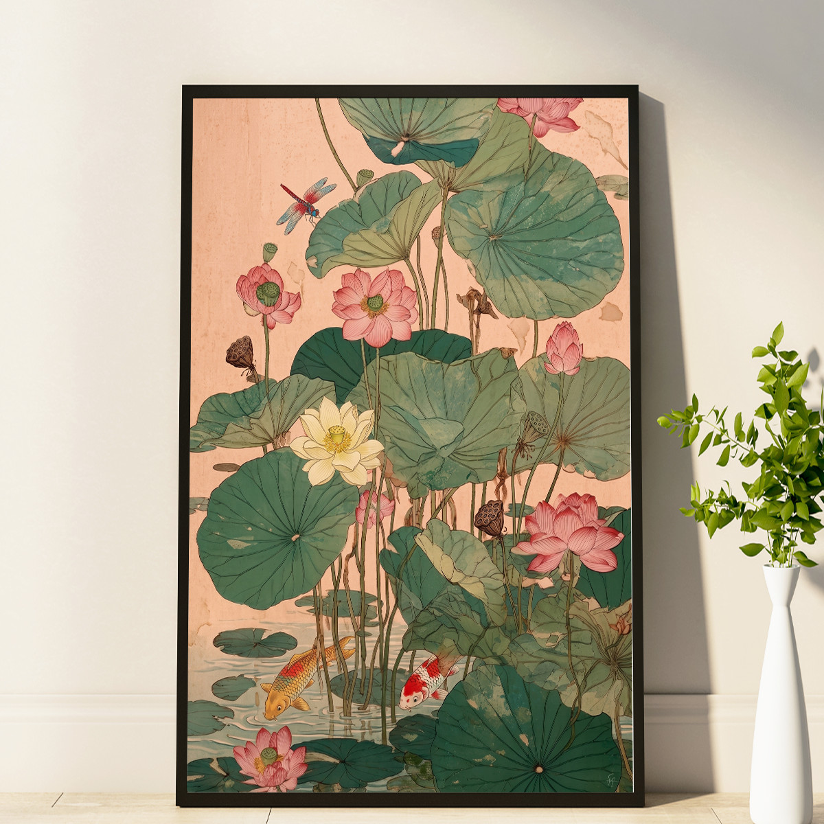 Japanese Lotus Botanical Print, Asian Nature Pink Floral Wall Art