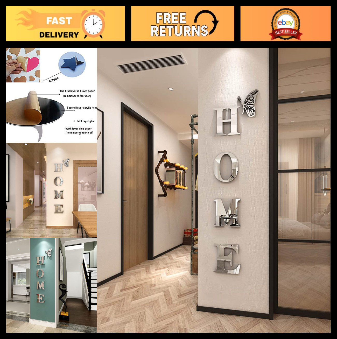 Acrylic Mirror Letter Wall Stickers – Home Decor for Living Room & Bedroom, Silv