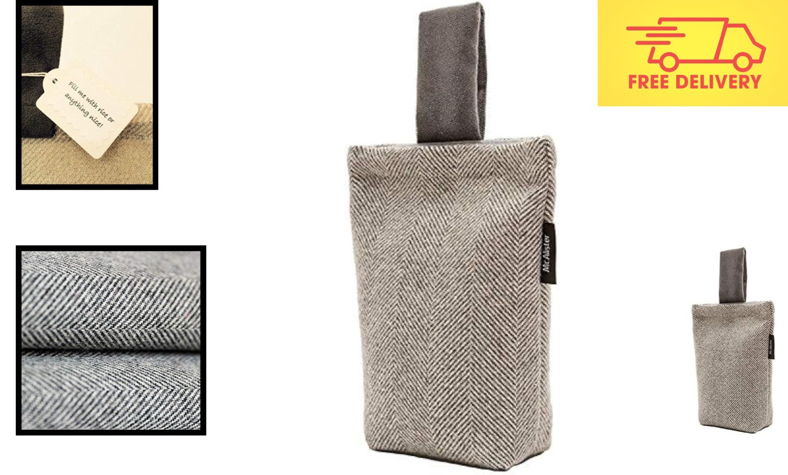 Rustic Herringbone Fabric Doorstop – Charcoal Grey, 8×7 Inches, Machine Washable