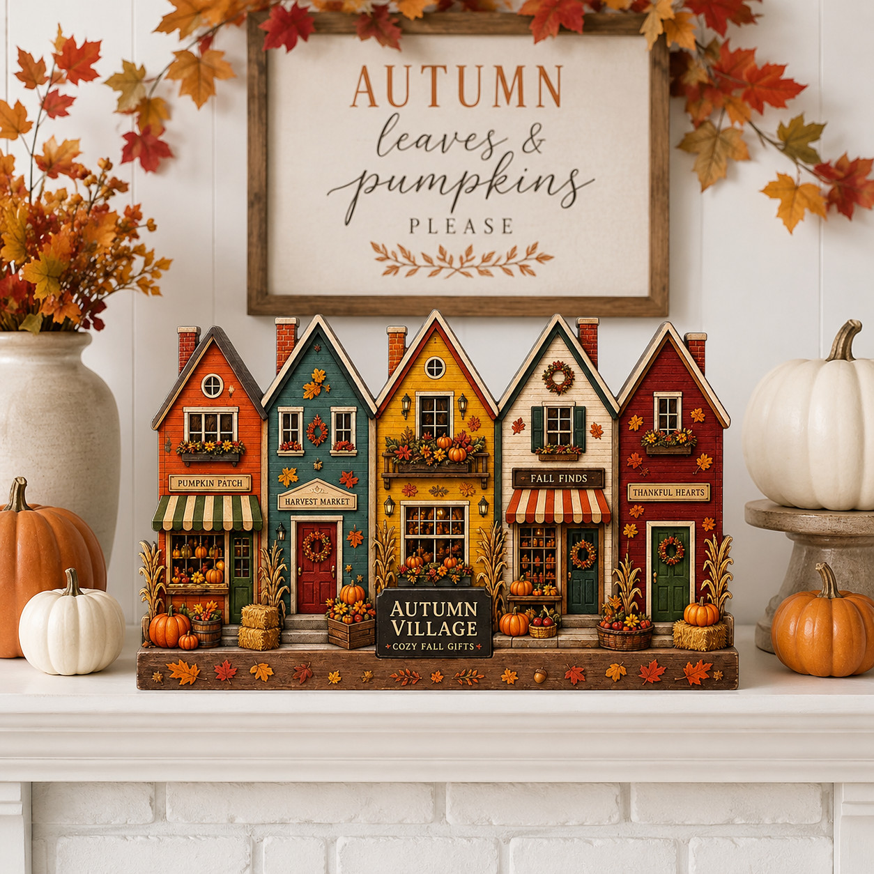 Autumn Village Wooden Block, Fall Pumpkin Shelf Decor, Cozy Harvest Gift