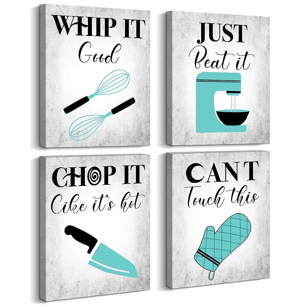 Teal Kitchen Quotes Wall Art – Set of 4 Vintage Inspirational Canvas Poster P…