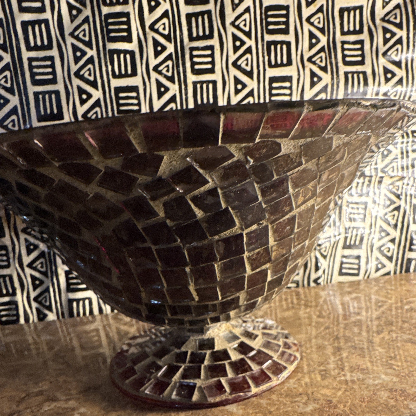 Red Mosaic Pattern Glass Pedestal Decorative Bowl, Round, All Occasions