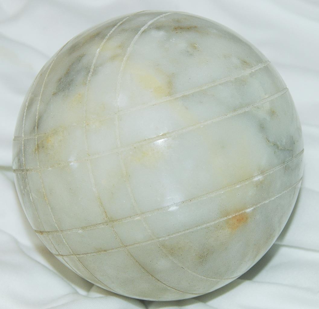 Carved Stone Marble Sphere Orb 4” Grid Line Design 3lb 13oz Natural Stone Decor