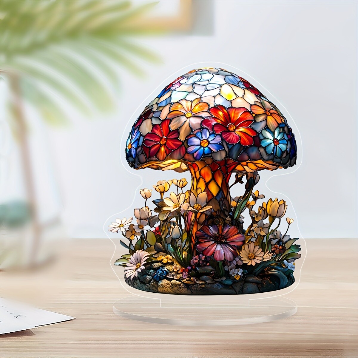 A decorative bohemian table lamp table decoration adorned with colourful flowers
