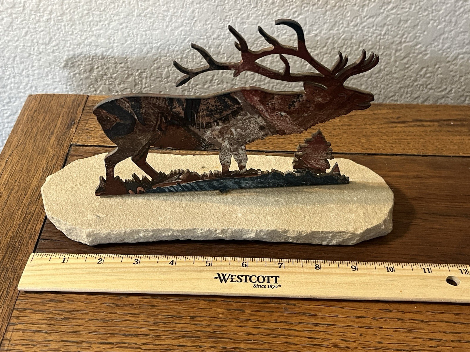 Rustic Metal Elk Sculpture on Stone Base Cabin Lodge Decor Deer Wildlife