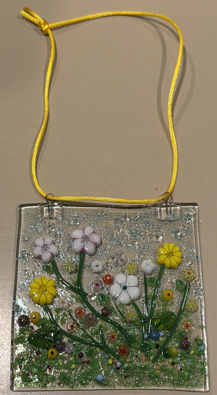 Fused Glass Handmade Square 4”x 4” Multicolor Sun Catcher Signed By Artist
