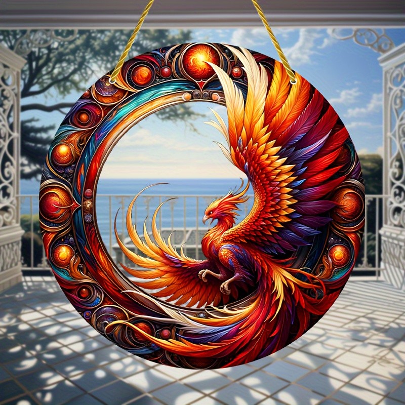 Acrylic Phoenix Round Hanging Decor Colorful Mythical Bird Art for Home Window