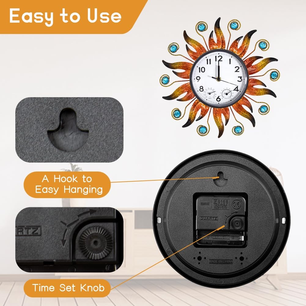 Sun Outdoor Clock with Thermometer and Hygrometer Combo, Silent No-Ticking Ou…