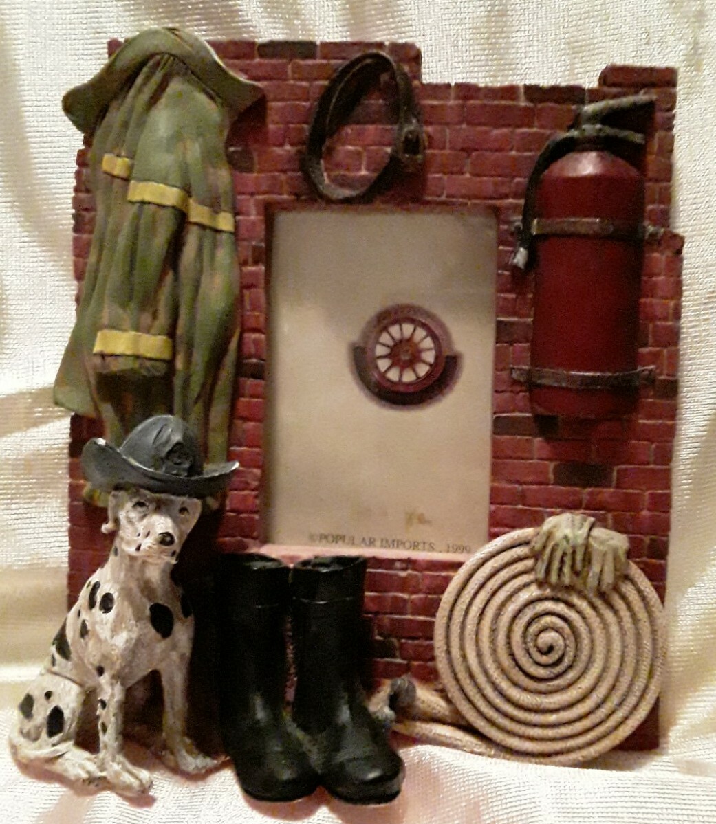 Art Design Ceramic Picture Frame Scene Fireman Coat & Boots Dalmatian, firehose