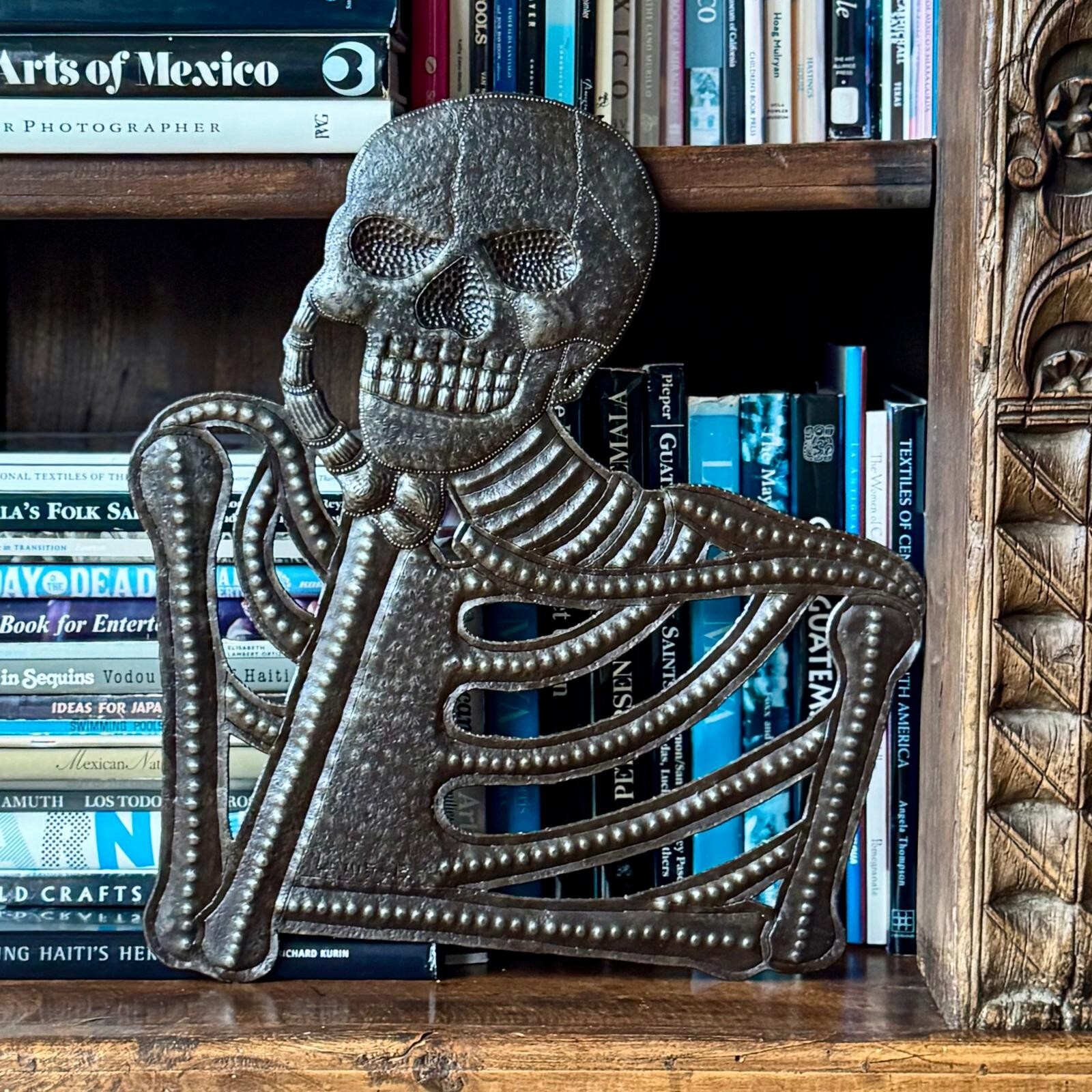 Pondering & Thinking Skeleton, Day of the Dead Handcrafted Haitian Metal Art