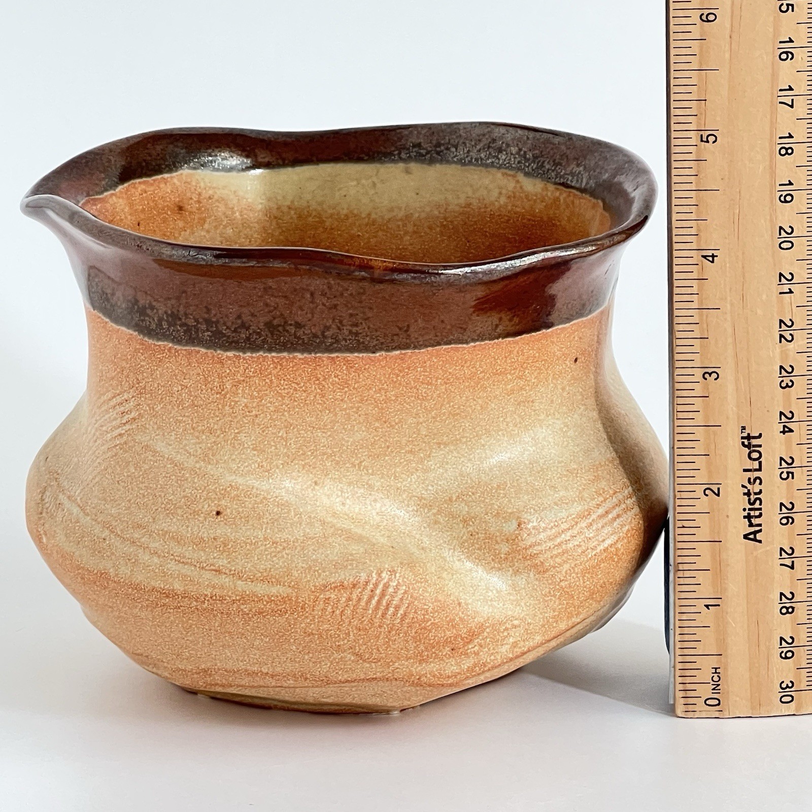 Art Pottery Vase Planter Brown Glazed Rim Textured Beige Orange Body Signed 4.5”