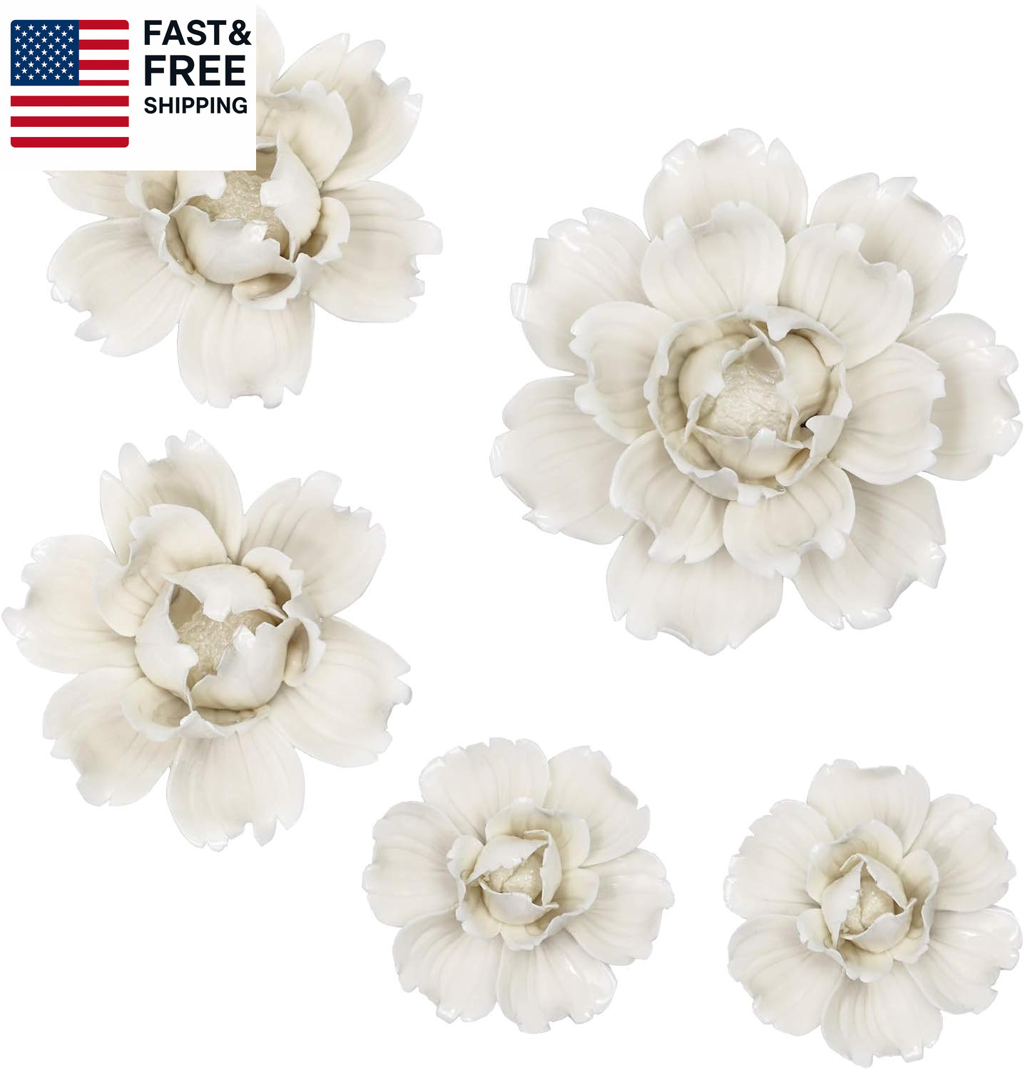 5 Pcs Ceramic Flower Wall Decor Handcrafted 3D Hanging Porcelain Flowers Wall Ar