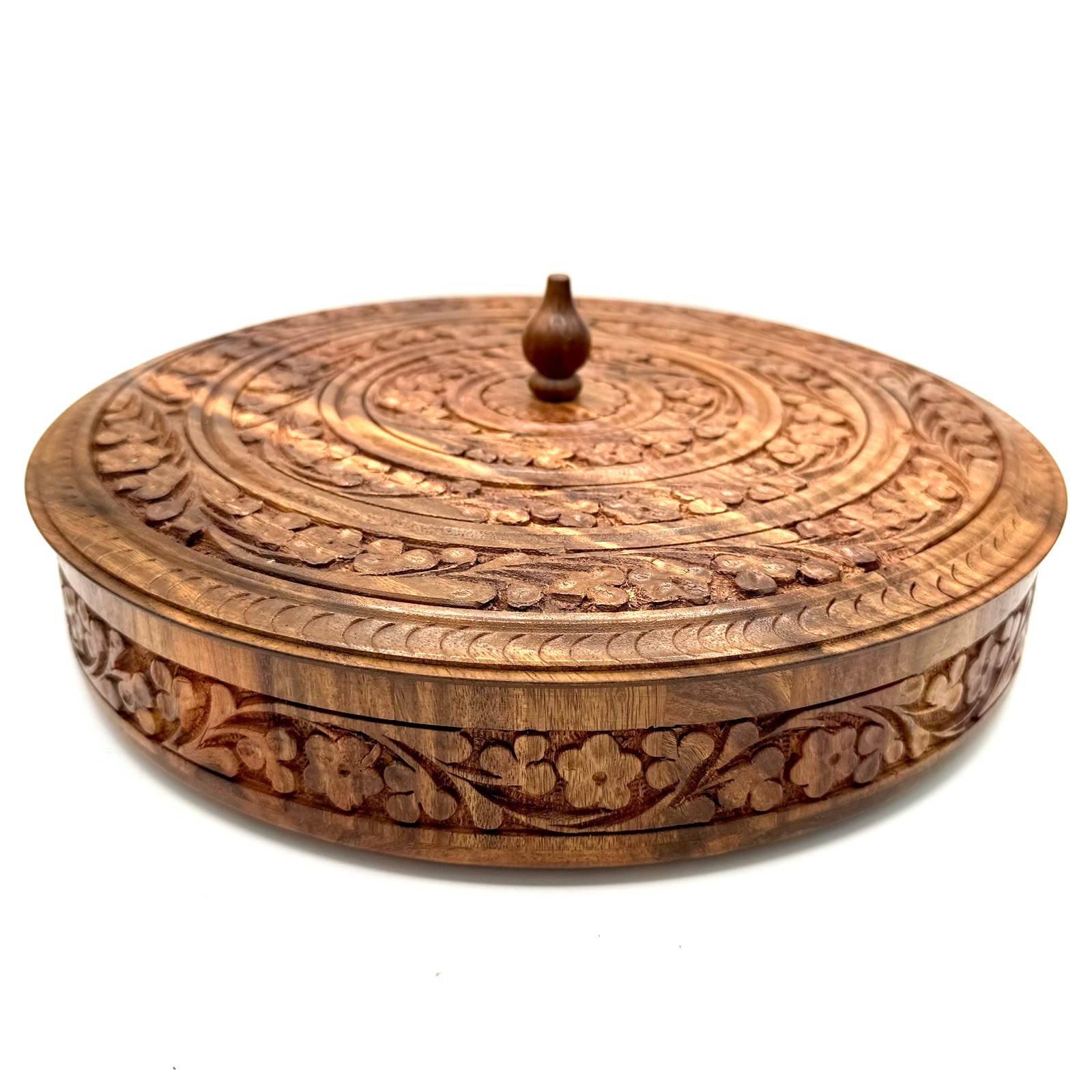 Decorative Pakistani Hand Carved 5 Compartment Lidded Wood Bowl Floral, 11.5″