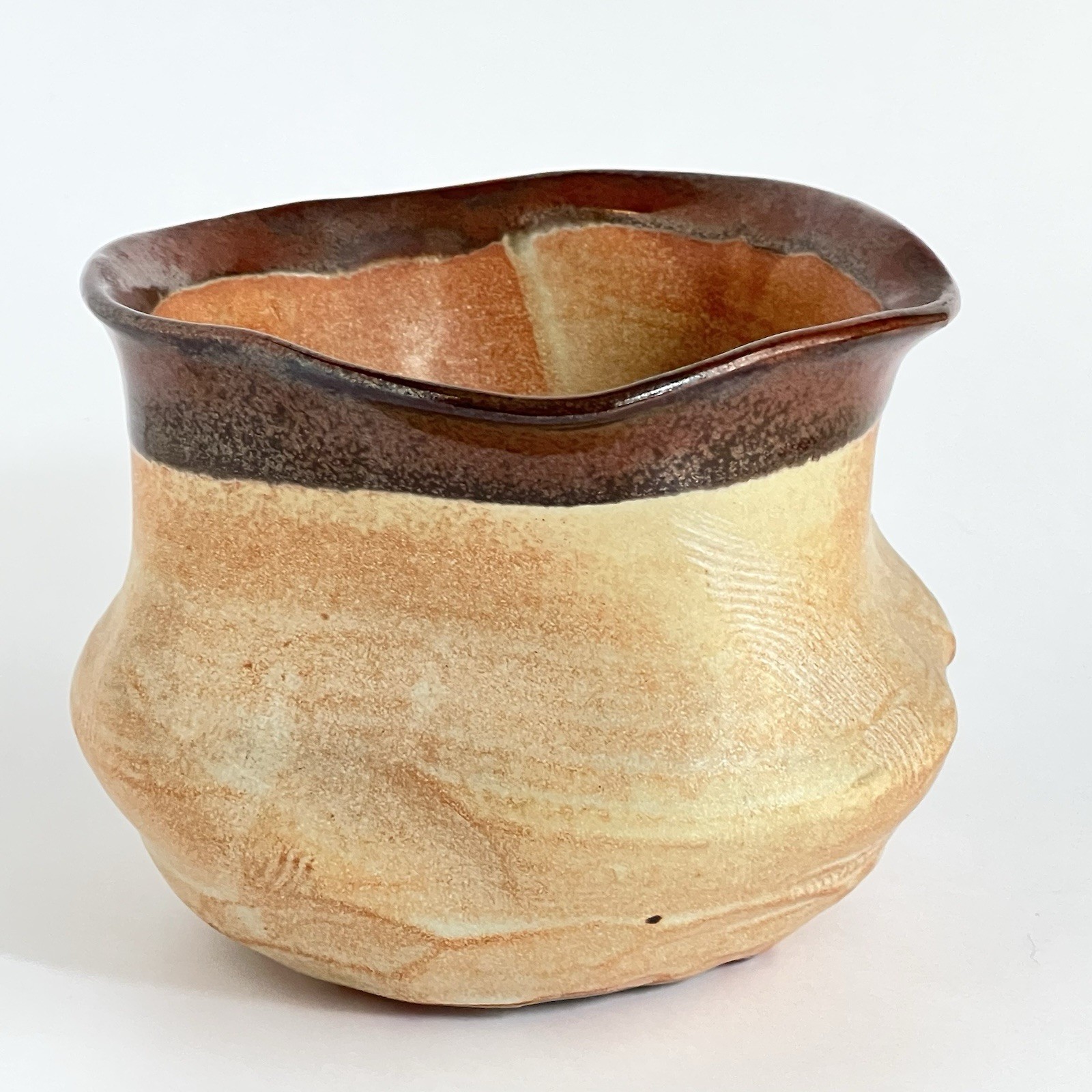 Art Pottery Vase Planter Brown Glazed Rim Textured Beige Orange Body Signed 4.5”
