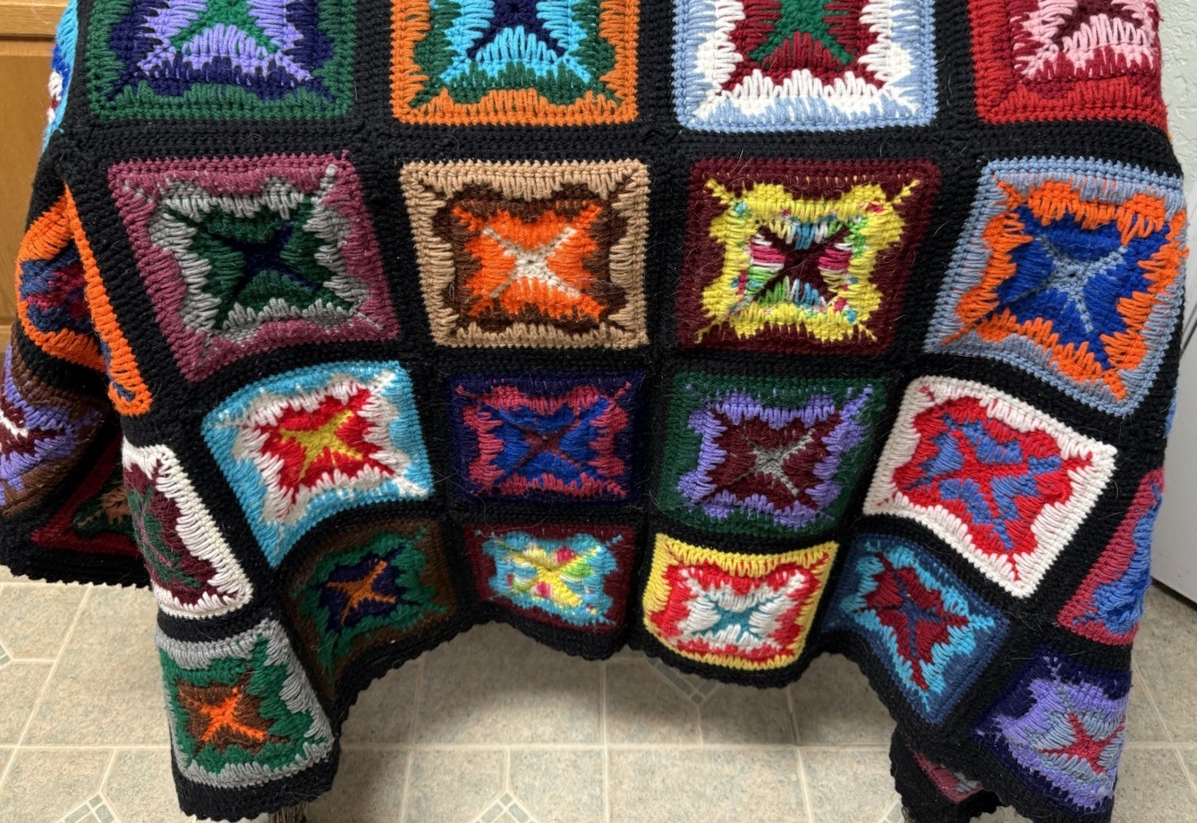 Vintage Retro Granny Square Crocheted Afghan Colorful Amazing Handiwork 64X49
